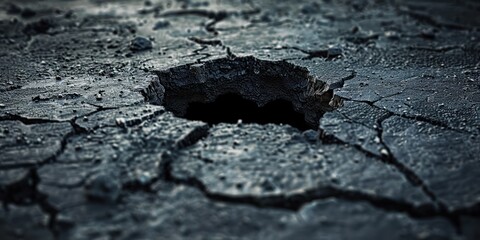 Fototapeta premium Close-up of a cracked asphalt road with a large hole in the center, showcasing damage and texture of the rugged surface.