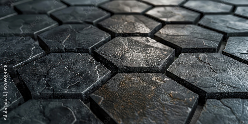 Poster close-up of textured hexagonal stone tiles in a dark, moody light. ideal for background use or archi