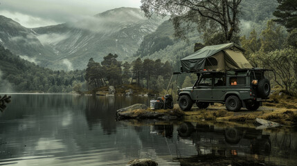 Overlanding Setup in Scenic Natural Environment. An overlanding vehicle with a rooftop tent set up beside a tranquil lake, surrounded by lush mountains and greenery, capturing the essence of adventure