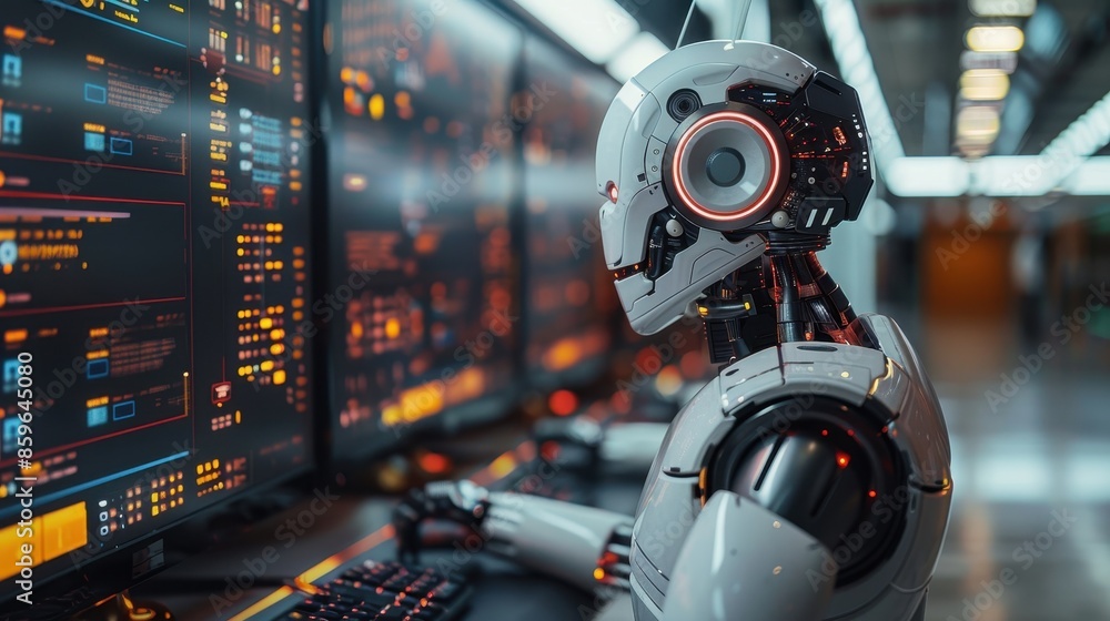 Poster a cinematic shot of a robotic figure working on multiple screens featuring red glowing elements, exe
