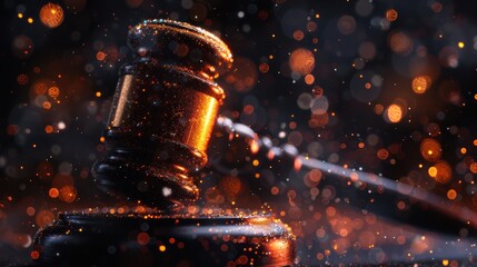 Close-up of a gavel striking, symbolizing justice and law in a courtroom setting, with dramatic lighting and spark effects.