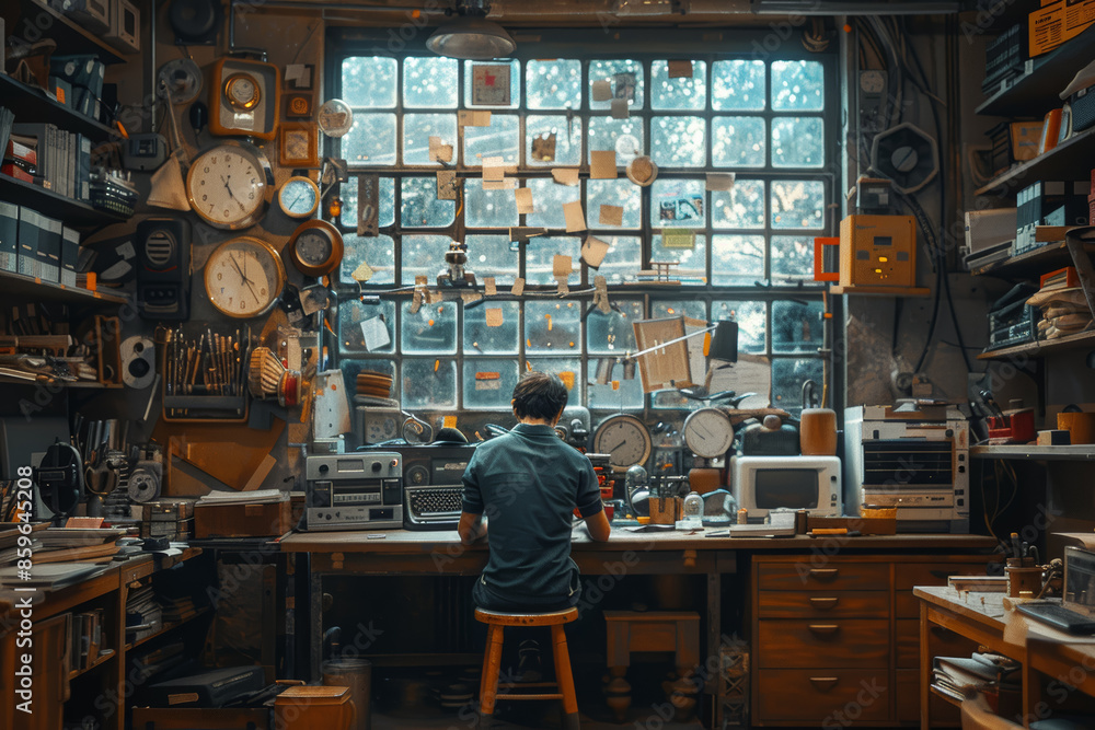 Poster an inventor in a cluttered workshop, bringing ideas to life. concept of innovation and creativity. g