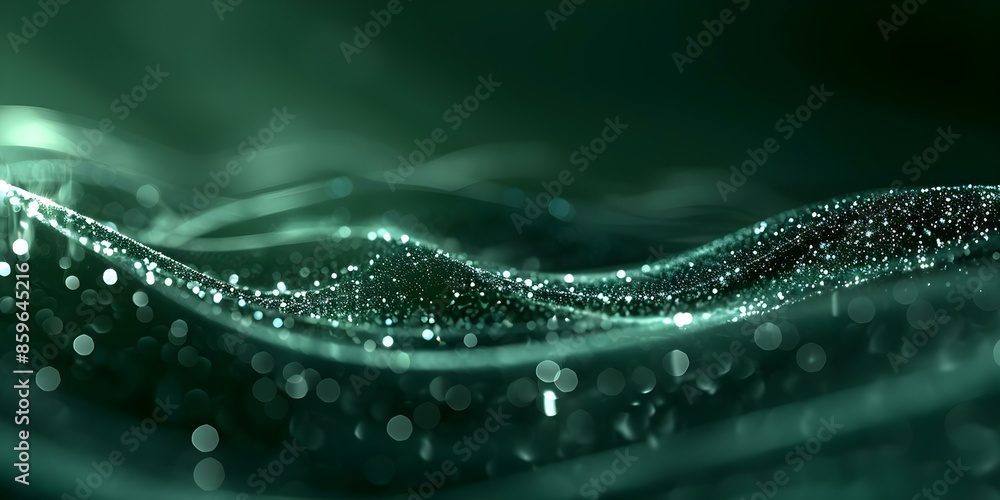 Poster dark green gradient background with light waves and glitter abstract design for graphic projects. co