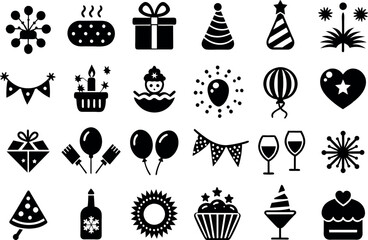 Holiday & Celebration related concept such as Fireworks, balloons, party hats & many more editable stroke outline icons isolated on white background flat vector illustration