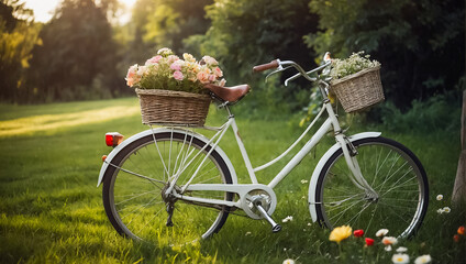 Fototapeta premium Beautiful retro bicycle with a basket of flowers on a green lawn in summer