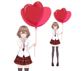 Anime manga girl are holding heart shaped balloons