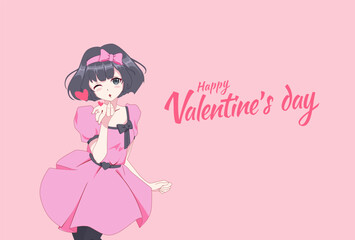 Anime manga girl blows a kiss. Valentines day card