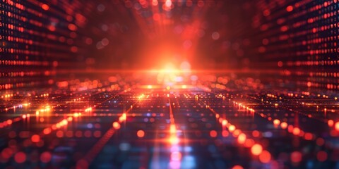 Fototapeta premium Futuristic digital grid with glowing red lights, representing data flow and technology innovation in a virtual space.