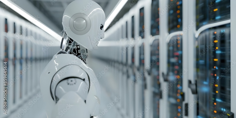 Poster robotic figure in ai server room a symbol of machine learning technology. concept machine learning, 