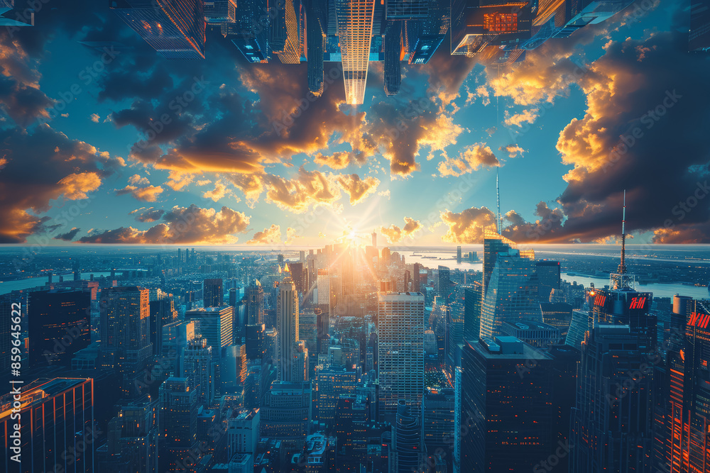 Poster a futuristic cityscape with towering skyscrapers and advanced technology. concept of urban innovatio
