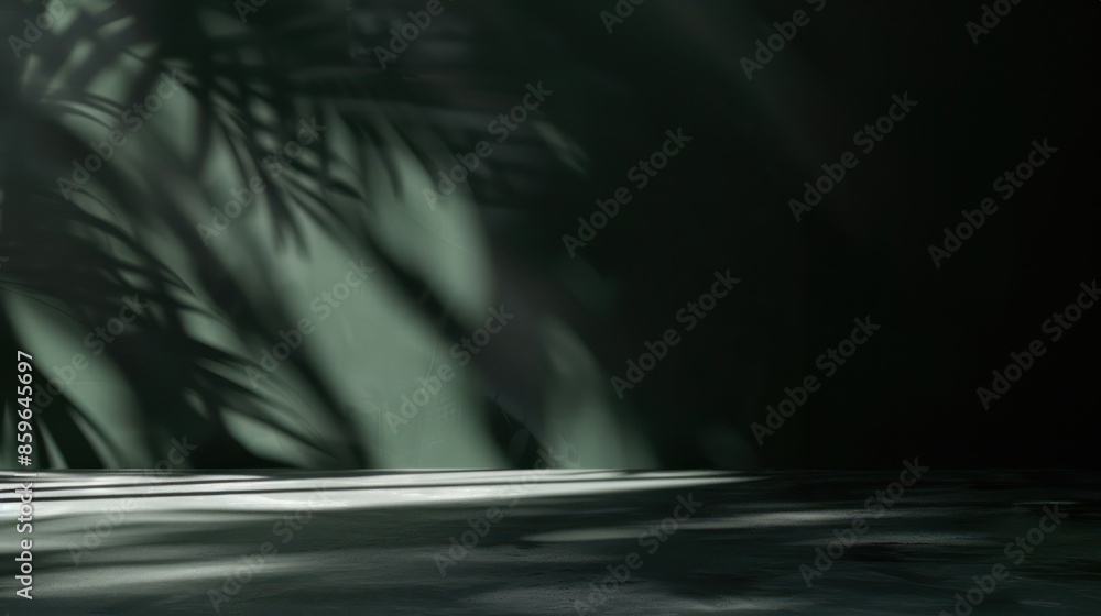 Aufkleber abstract shadows of palm leaves on a dark wall creating a mysterious and tranquil atmosphere.
