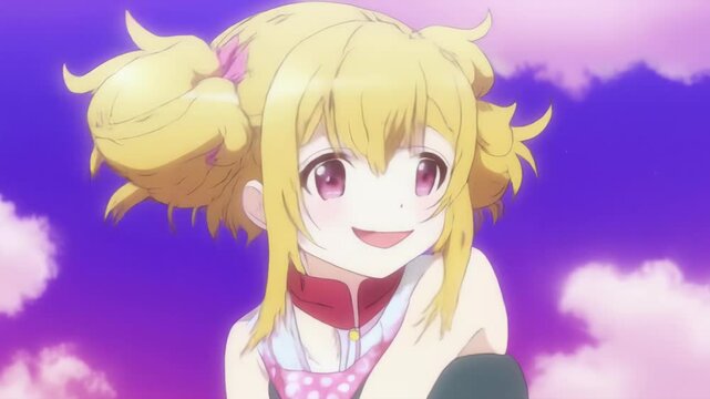 Anime character with blond hair braided in two ponytails smiling against the background of a pink sky with clouds