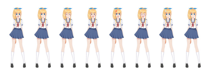 Anime manga schoolgirl in sailor suit, blue skirt