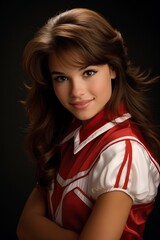 Fototapeta premium Cheerleader girl in 90s uniform posing outdoors