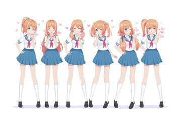 Obraz premium Anime manga schoolgirls in sailor send air kisses