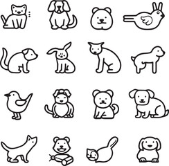 Silhouette Pets web icons in line style. Dog, cat, rabbit, hamster, bird, bone, pets, vet help. Vector illustration with White Background