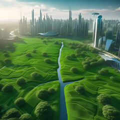 Ecological city of the future, green garden, river