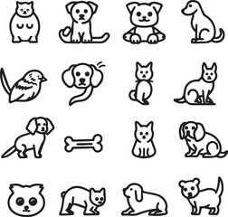 Silhouette Pets web icons in line style. Dog, cat, rabbit, hamster, bird, bone, pets, vet help. Vector illustration with White Background