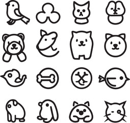Obraz premium Silhouette Pets web icons in line style. Dog, cat, rabbit, hamster, bird, bone, pets, vet help. Vector illustration with White Background