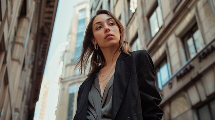 A woman wearing a black blazer looks up at the sky in a city setting