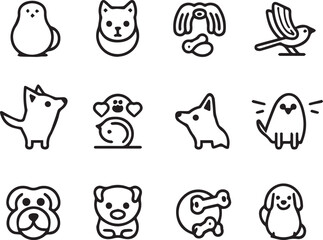 Silhouette Pets web icons in line style. Dog, cat, rabbit, hamster, bird, bone, pets, vet help. Vector illustration with White Background