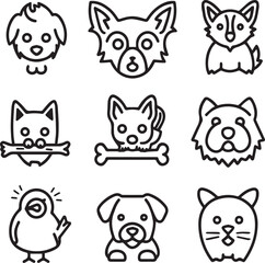 Silhouette Pets web icons in line style. Dog, cat, rabbit, hamster, bird, bone, pets, vet help. Vector illustration with White Background