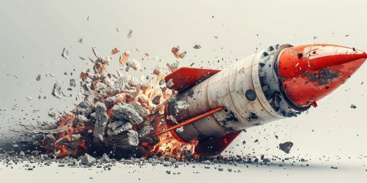 Dynamic image of a rocket crash-landing into the ground with an explosion and debris flying, showcasing intense impact and motion.