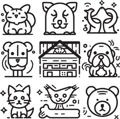 Silhouette Pets web icons in line style. Dog, cat, rabbit, hamster, bird, bone, pets, vet help. Vector illustration with White Background