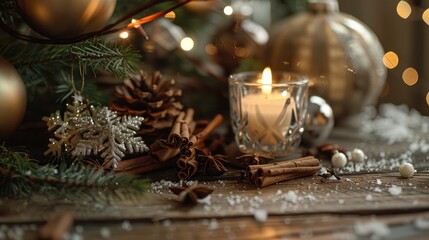Festive holiday decor tree branches glass ornaments candle sparkly snowflake spices on wooden backdrop