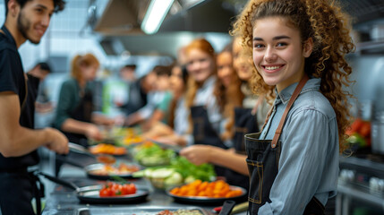 Group of happy men and women at a cooking class in a professional kitchen preparing a vegetarian meal