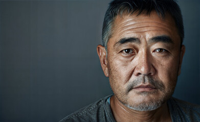 Fototapeta premium Pensive middle-aged Asian man against dark background