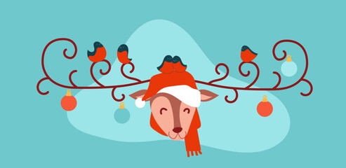 Christmas merry deer in santa claus hat