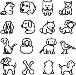 Fototapeta premium Silhouette Pets web icons in line style. Dog, cat, rabbit, hamster, bird, bone, pets, vet help. Vector illustration with White Background