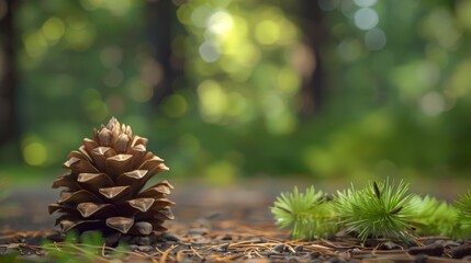 Fototapeta premium Pine cone on forest floor with green foliage in the background, close-up nature shot