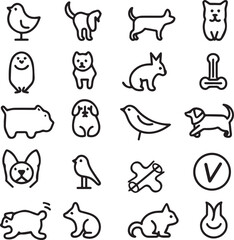 Silhouette Pets web icons in line style. Dog, cat, rabbit, hamster, bird, bone, pets, vet help. Vector illustration with White Background