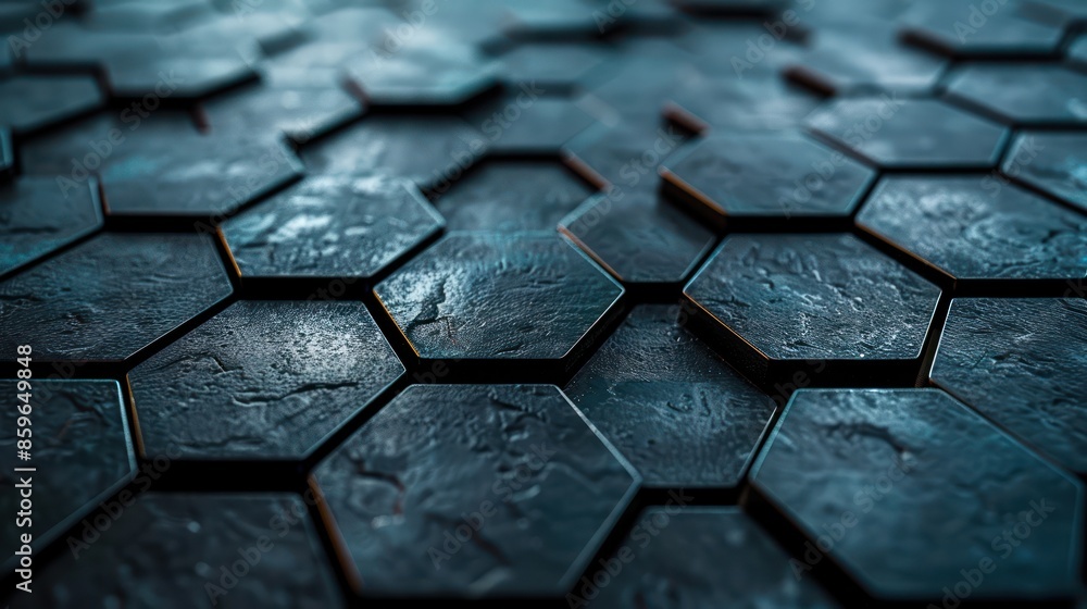 Poster close-up of dark hexagonal tiles with a textured surface, creating a modern and geometric abstract p