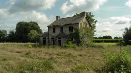 Obraz premium An old, empty house stands in a field with tall grass and large trees. The walls are worn, and there is overgrown greenery around it.
