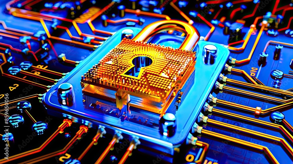 Poster close-up of a padlock integrated into a circuit board, symbolizing digital security and data protect