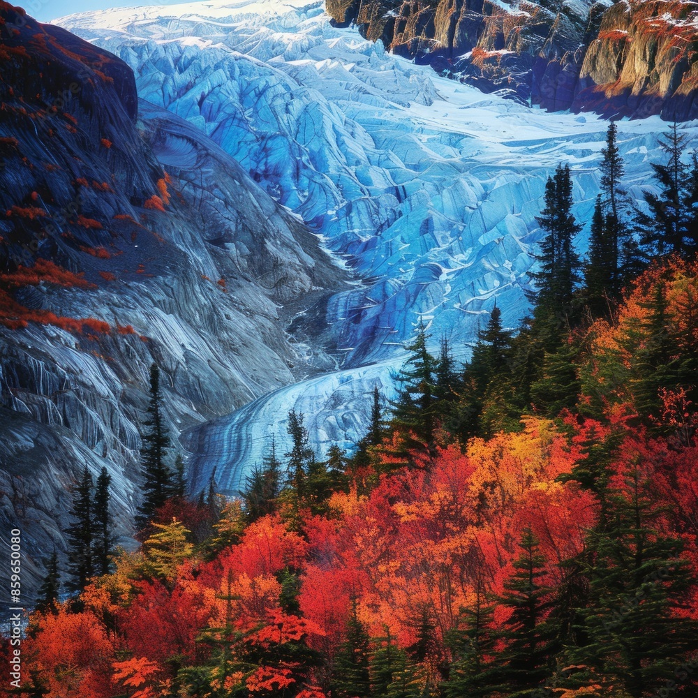 Canvas Prints A mountain range with a glacier and trees in the foreground