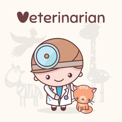 Cute chibi kawaii characters. Alphabet professions. Letter V - Veterinarian