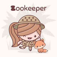Cute chibi kawaii characters. Alphabet professions. Letter Z - Zookeep
