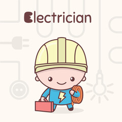 Cute chibi kawaii characters. Alphabet professions. Letter E - Electrician