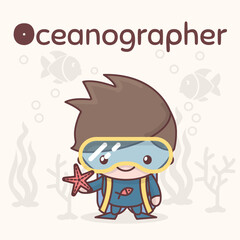 Cute chibi kawaii characters. Alphabet professions. Letter O - Oceanographer