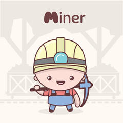 Cute chibi kawaii characters. Alphabet professions. Letter M - Miner.