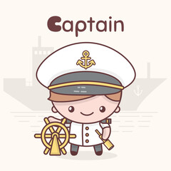 Cute chibi kawaii characters. Alphabet professions. Letter C - Captain