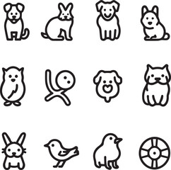 Silhouette Pets web icons in line style. Dog, cat, rabbit, hamster, bird, bone, pets, vet help. Vector illustration with White Background