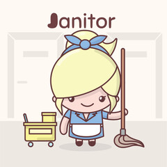 Cute chibi kawaii characters. Alphabet professions. The Letter J - Janitor.