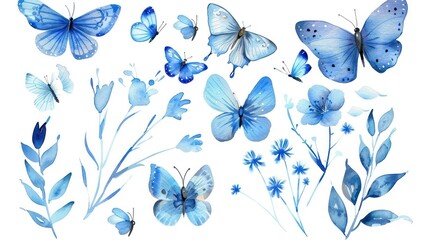 Beautiful watercolor illustration of blue butterflies and flowers on a white background. Perfect for nature-themed designs and decor.