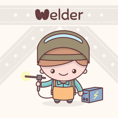 Cute chibi kawaii characters. Alphabet professions. The Letter W - Welder