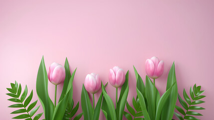 Minimalistic scene composed of green stems with vivid pink tulips